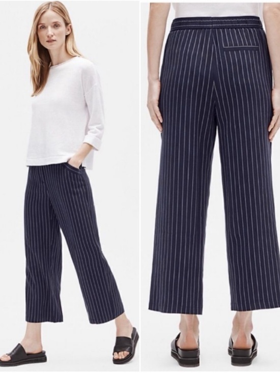Eileen Fisher Pants - NEW Eileen Fisher Navy Blue white Pinstripe Wide Leg Crop Trouser Pant Size XL